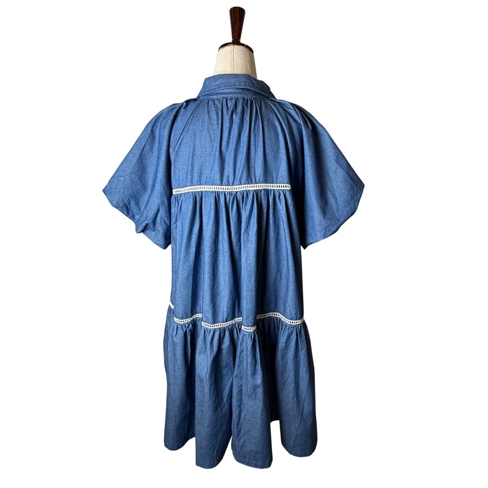 En Saison Tara Tiered Cotton Trapeez Shirtdress Women Medium Blue Mini Bohoi - Picture 8 of 11